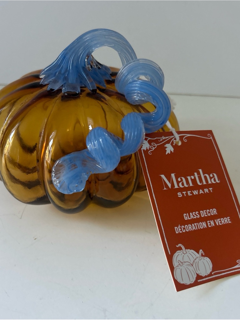 Martha Stewart Amber Glass Pumpkin with Blue Stem Decorative NEW - Picture 13 of 13